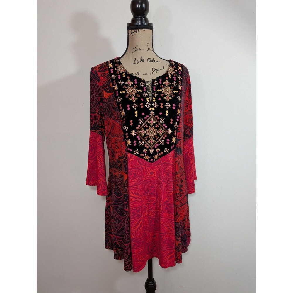 Soft Surroundings Suzi Top Red Velvet Bib Boho Tunic Embroidered Size L
